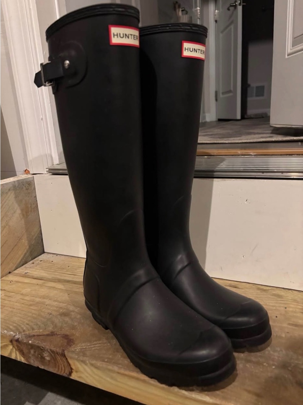 Hunter Black Matte Knee-High Rain Boots with Buckle & 2 Pairs of Boot Socks
